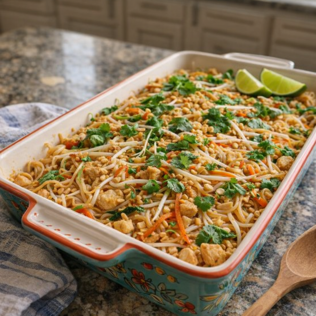 Freshly baked Pad Thai casserole in a home kitchen