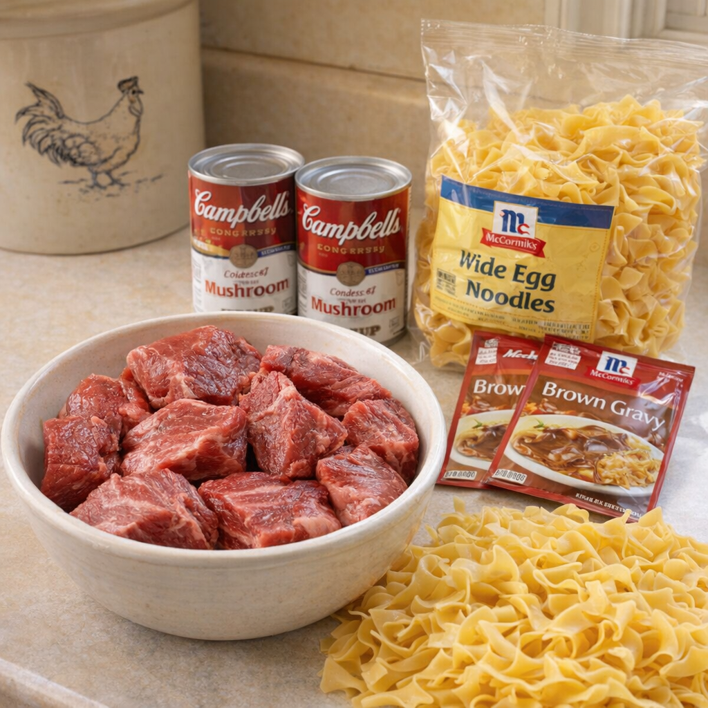 Ingredients for beef and noodles arranged on a kitchen counter