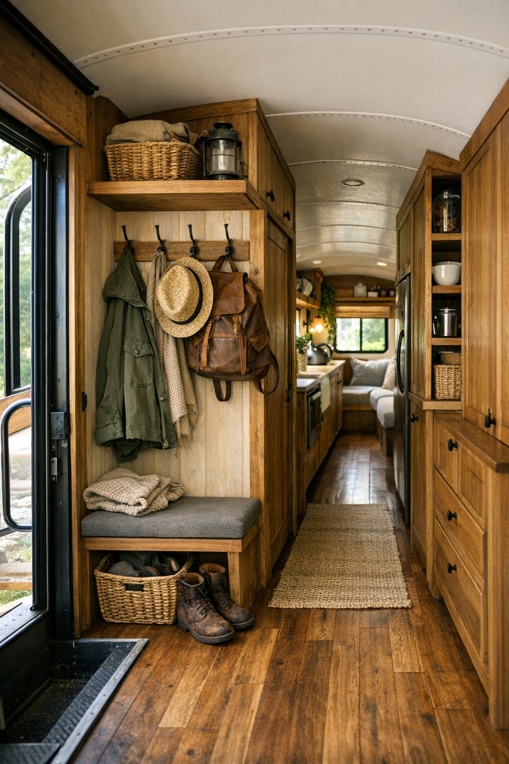 Functional bus entry and transition area with built-in storage and warm wood details