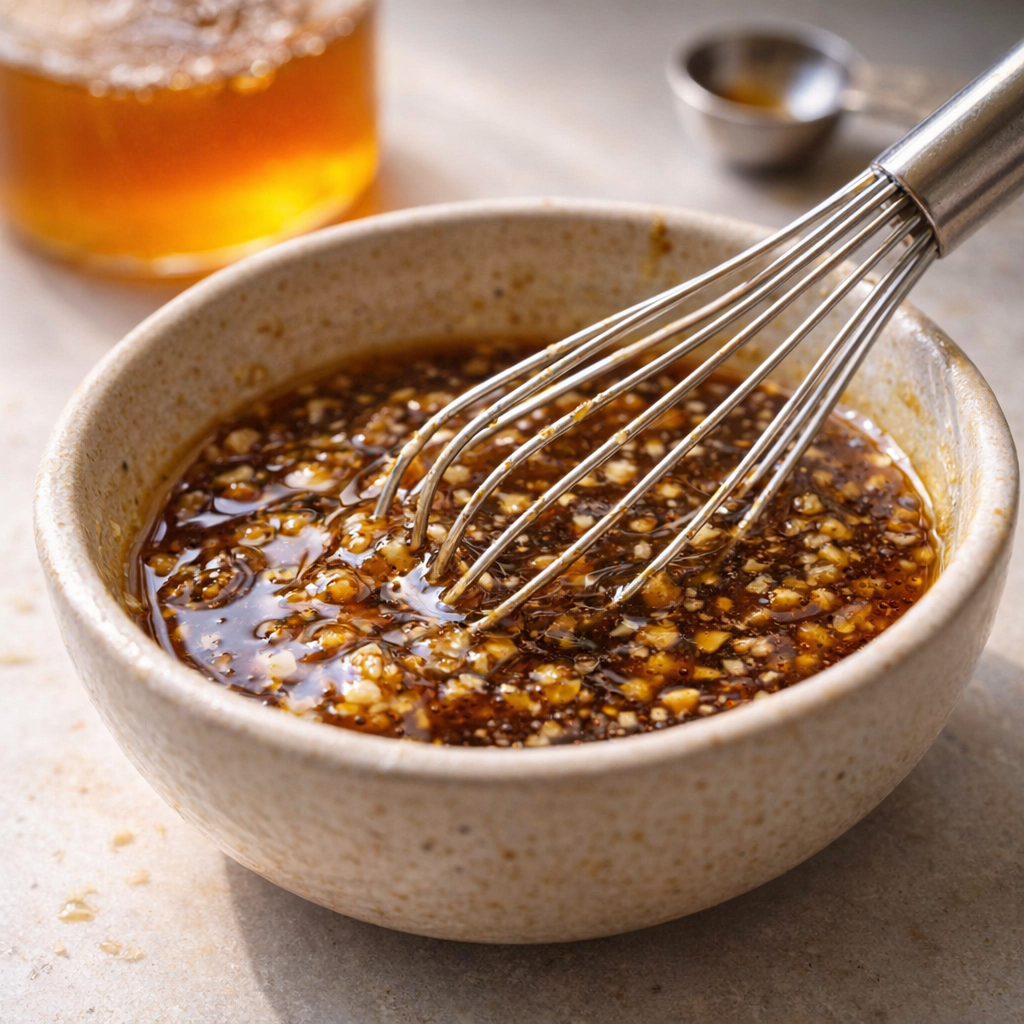 Honey garlic glaze being whisked in a small bowl