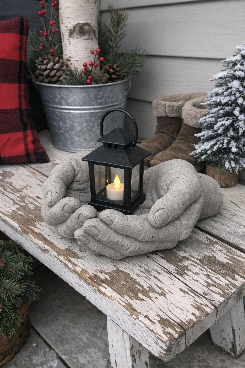 Concrete hands holding a lantern on a porch