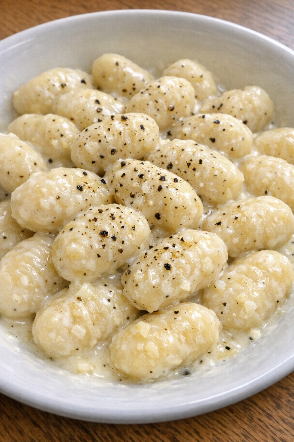Creamy garlic butter gnocchi on a white plate