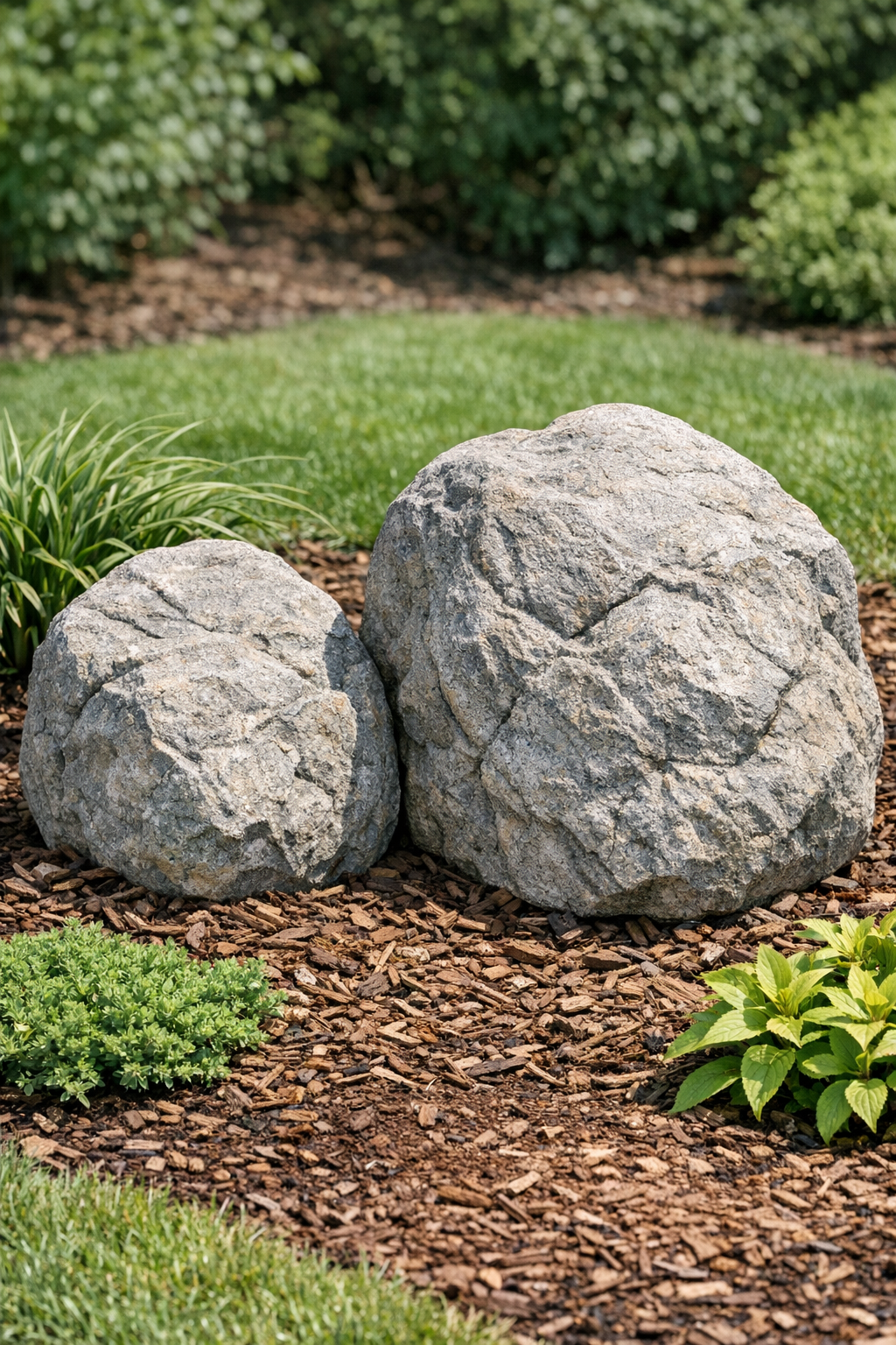 Finished lightweight faux yard boulders in a garden bed