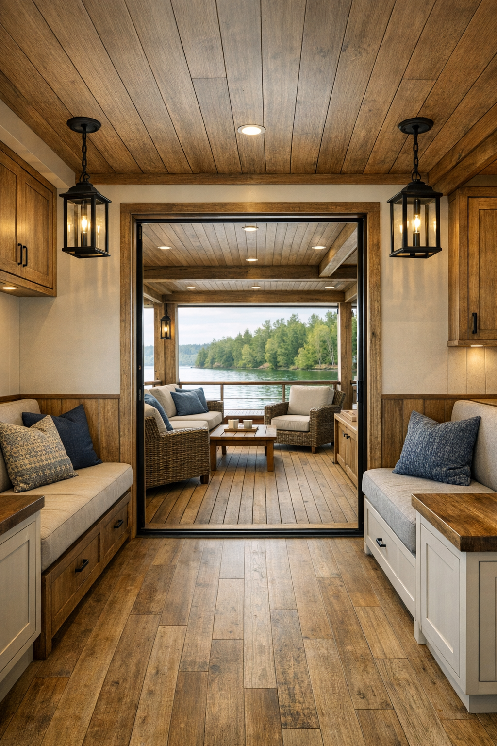 Hall and covered deck area with built-in storage, wood finishes, and accessible circulation