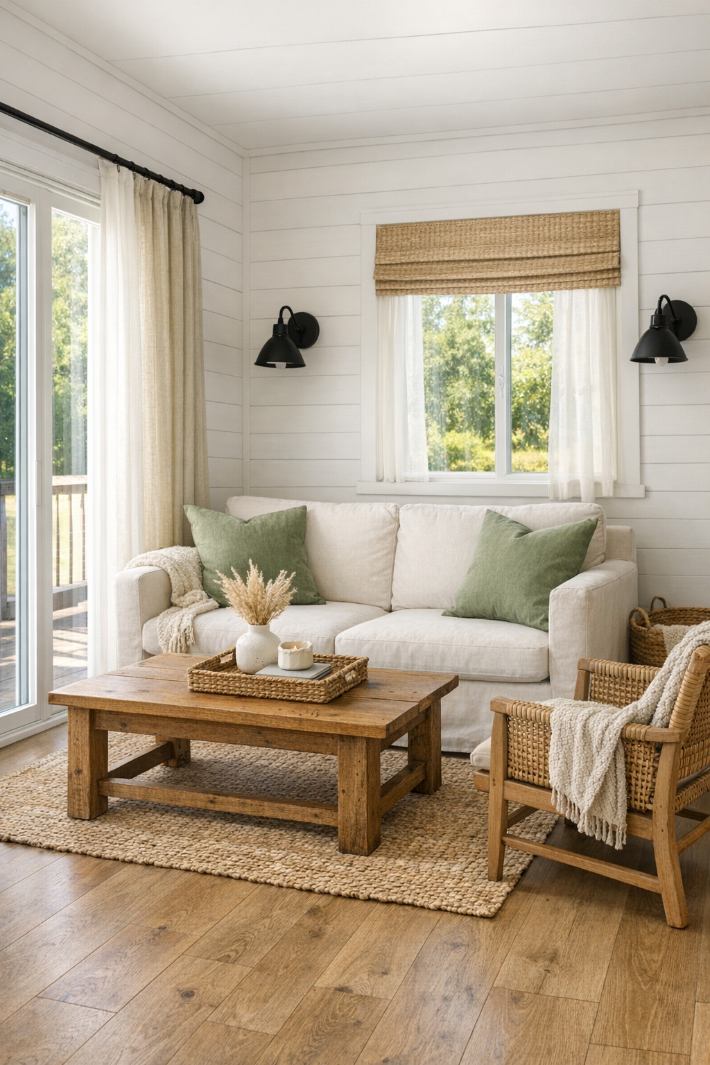 Bright farmhouse-style RV living room with a pale sofa, light wood floors, and sage green accents