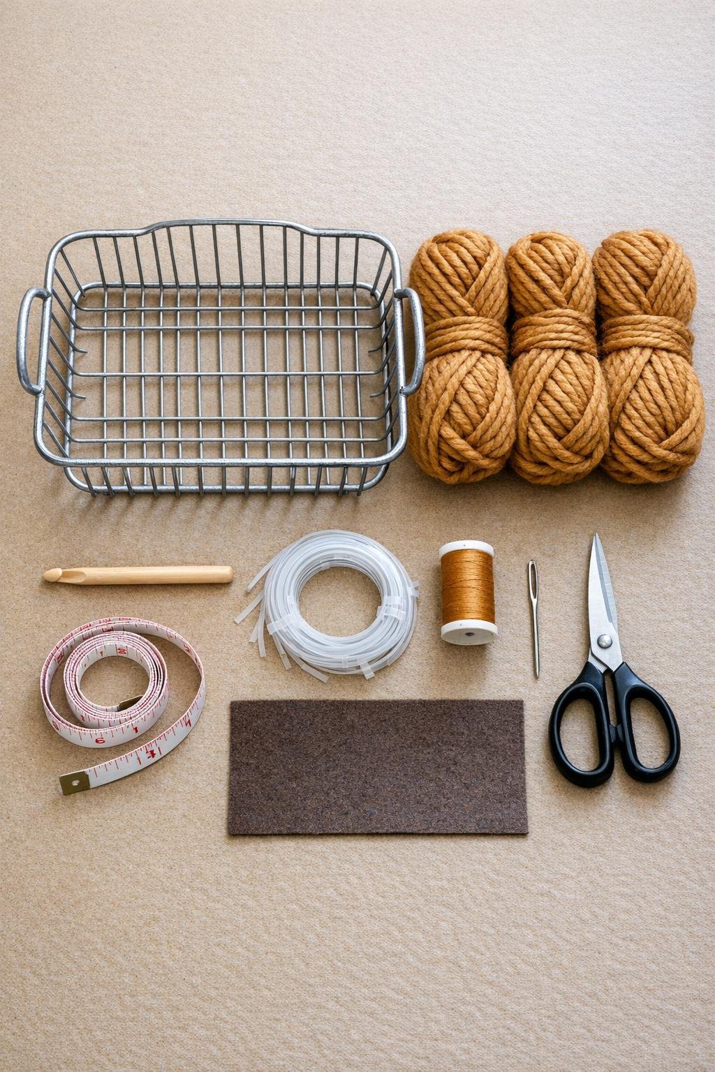 Vintage dish rack, amber chunky yarn, crochet hook, and basic tools laid out on a craft table