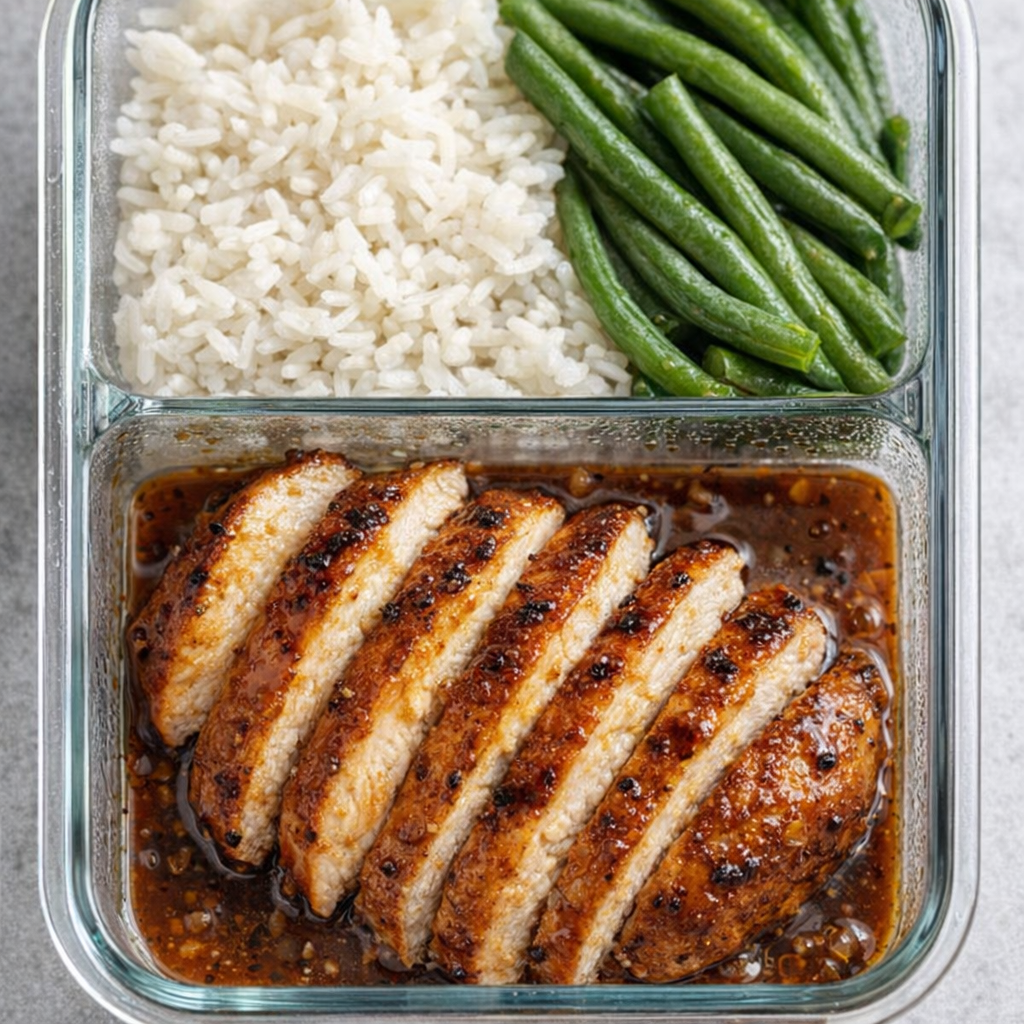 Sliced chicken with glaze in a meal prep container