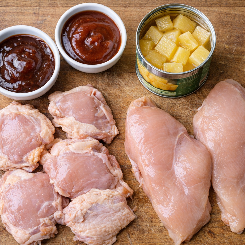 Different barbecue sauces and canned pineapple arranged for recipe variations