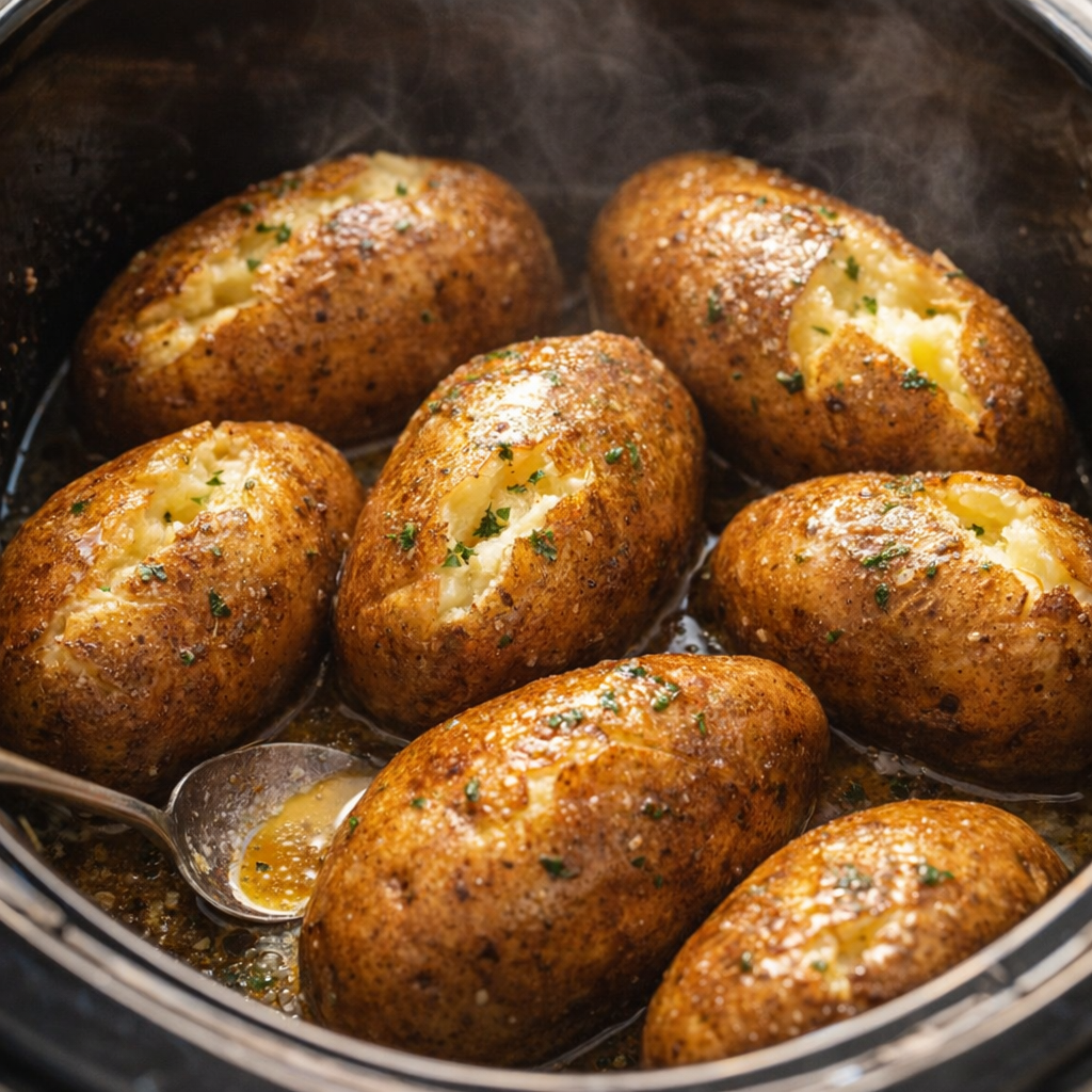 Cooked potatoes glistening with butter in the slow cooker