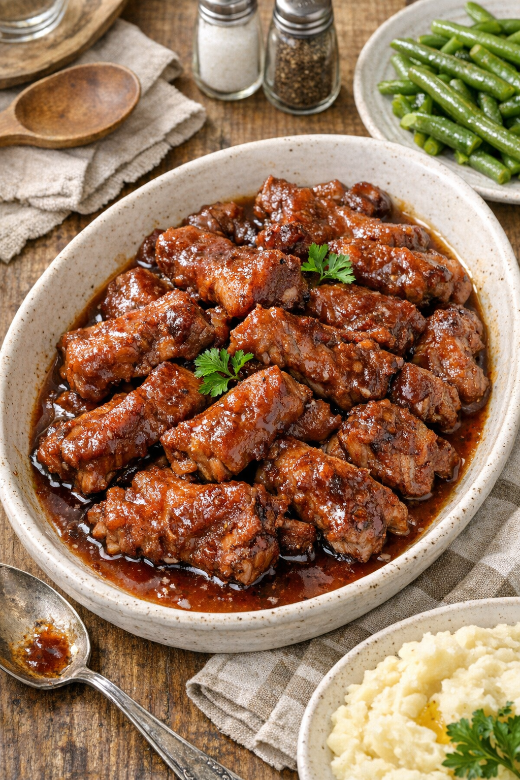 Finished slow cooker pork rib tips plated with sauce