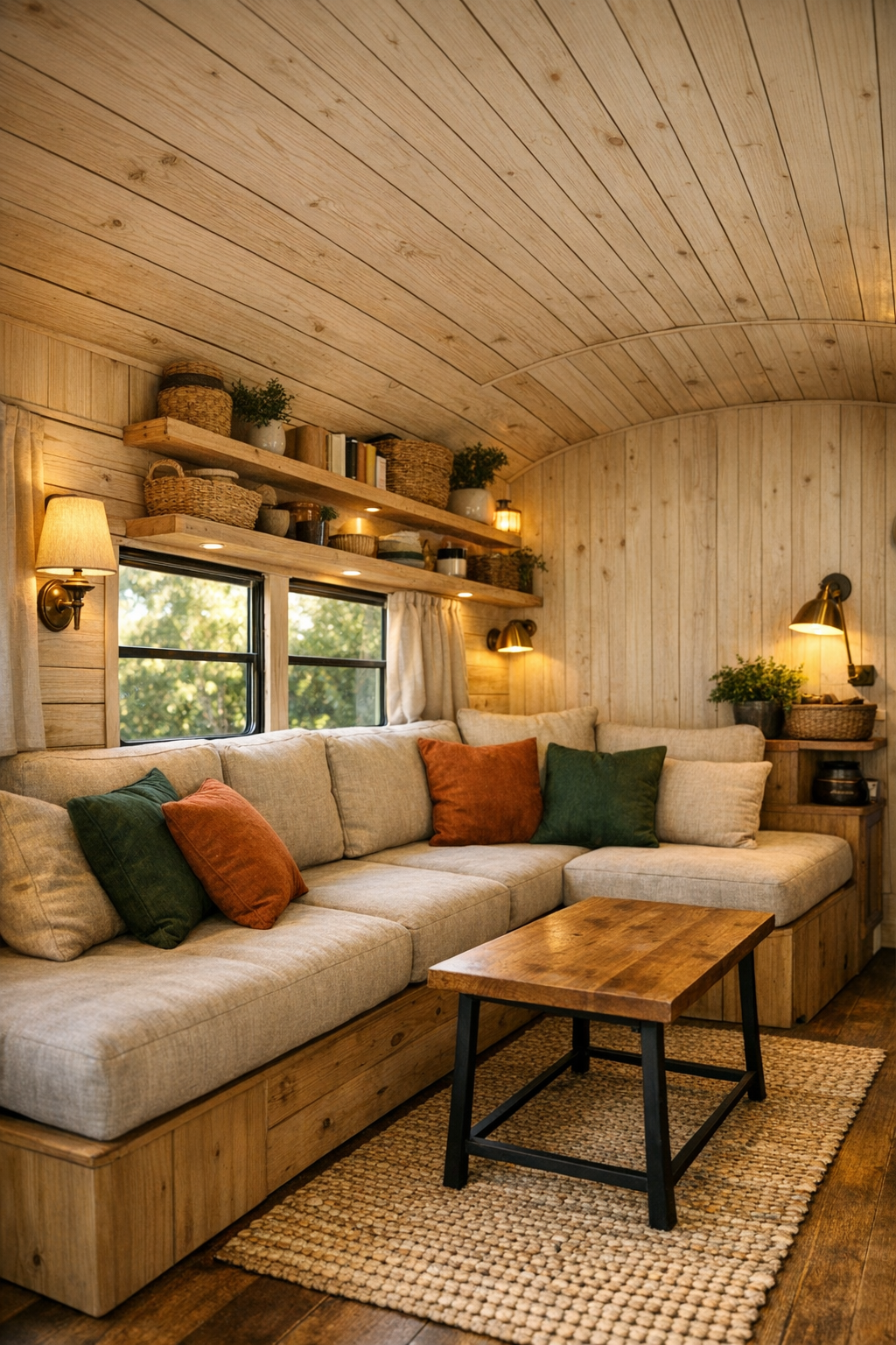 Cozy converted bus living room with built-in bench seating and pale wood walls