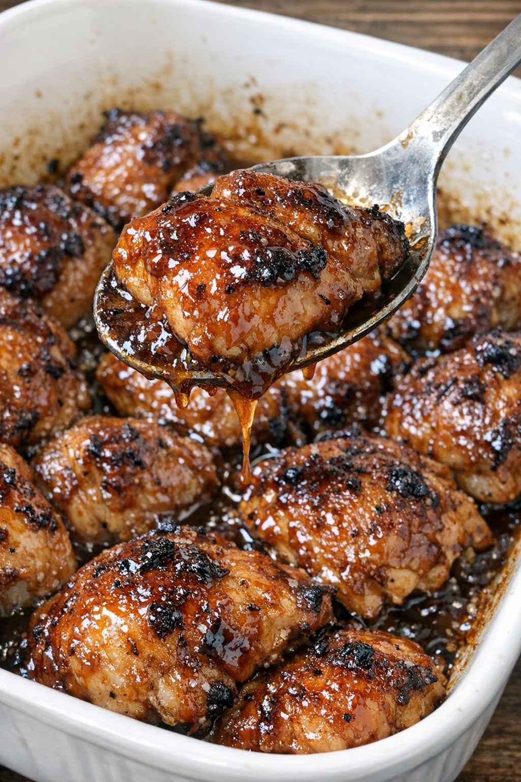 Caramelized chicken pieces in a white ceramic casserole dish