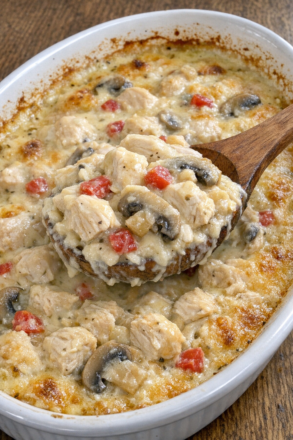 Creamy chicken a la king casserole in a white baking dish