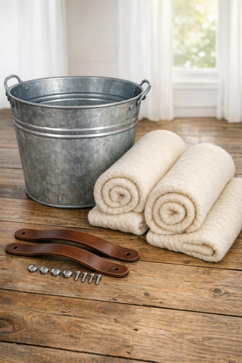 Galvanized metal bucket, rolled wool blankets, and leather handles laid out as materials