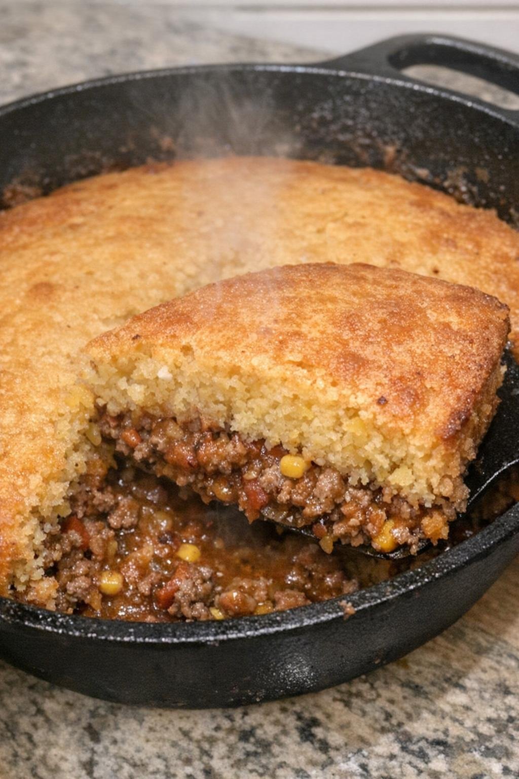 Skillet cornbread casserole with a slice removed