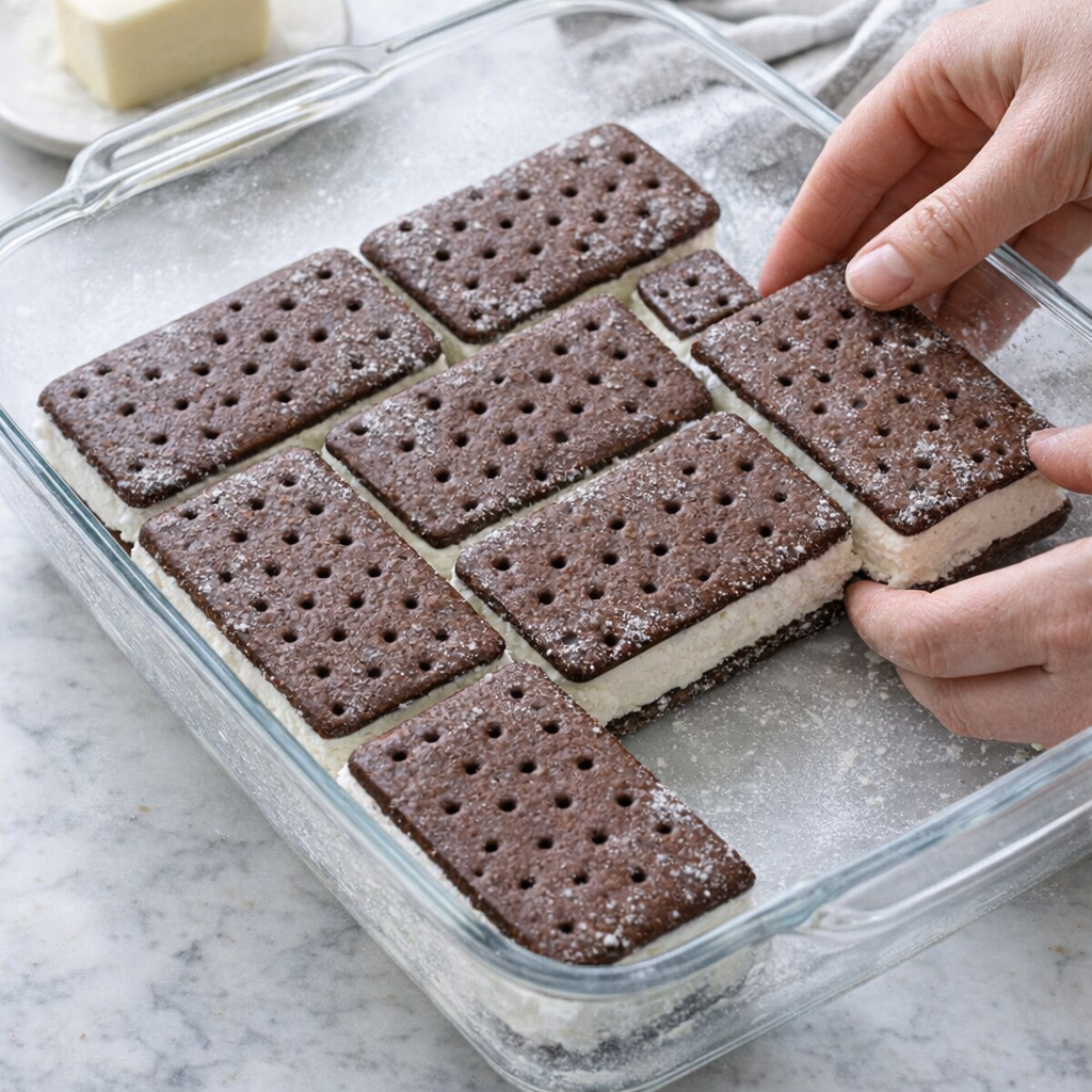 Frozen ice cream sandwiches being arranged in a baking dish