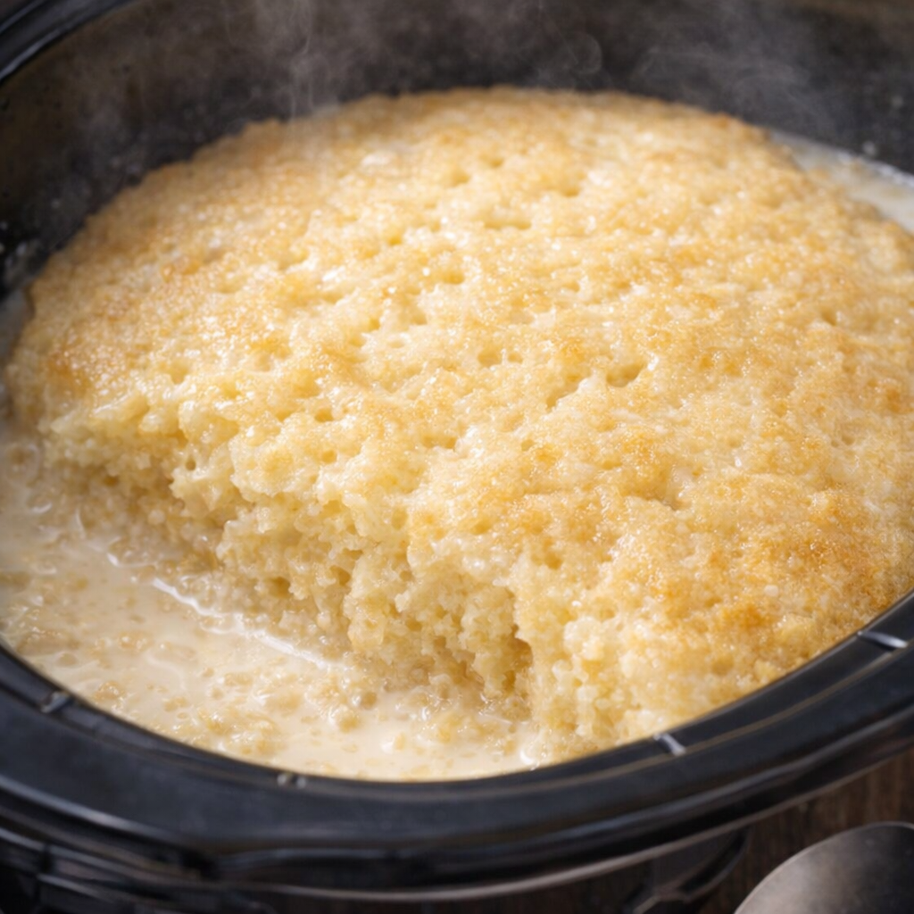 Cooked tres leches cake resting in slow cooker
