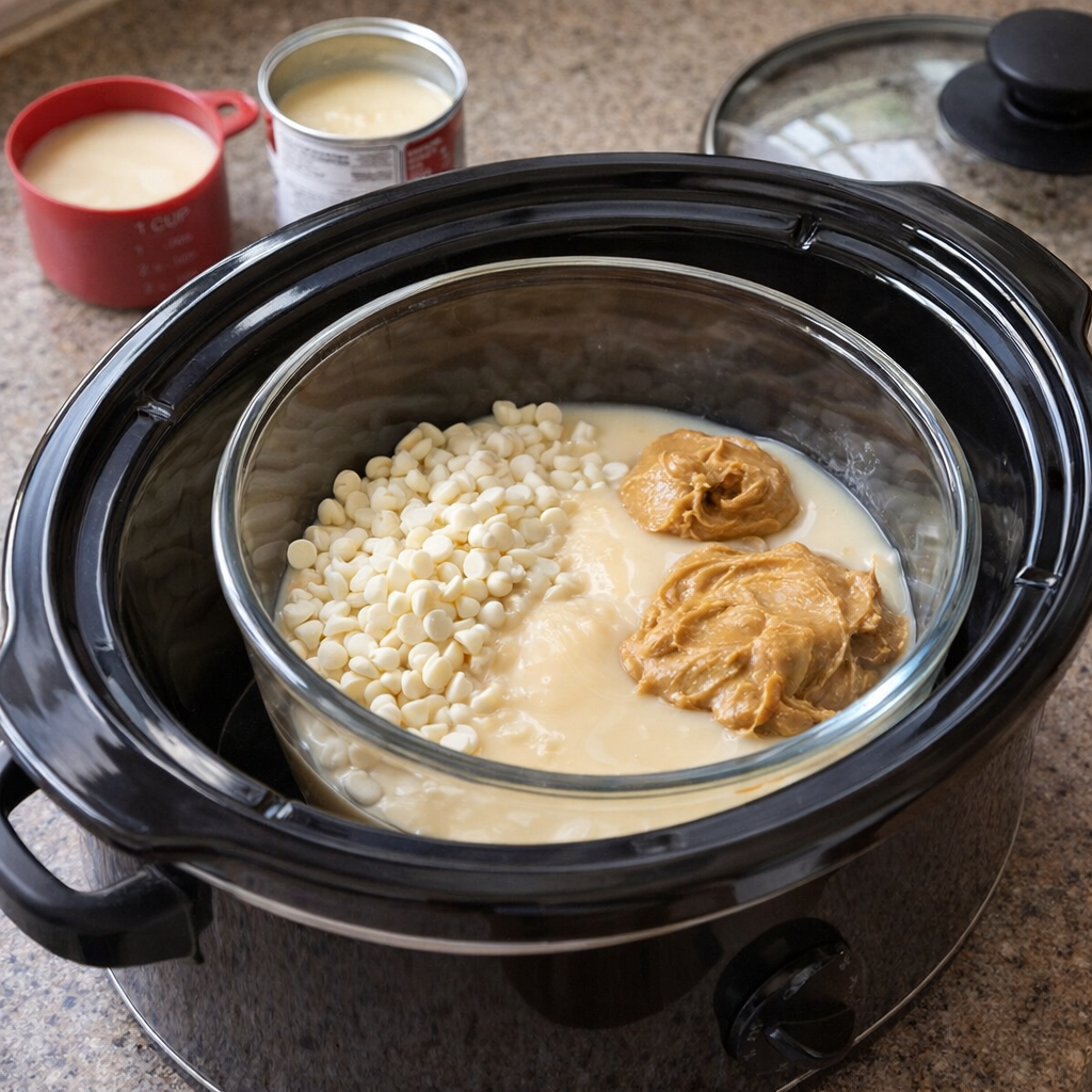 Slow cooker setup with bowl of white chocolate and peanut butter ingredients