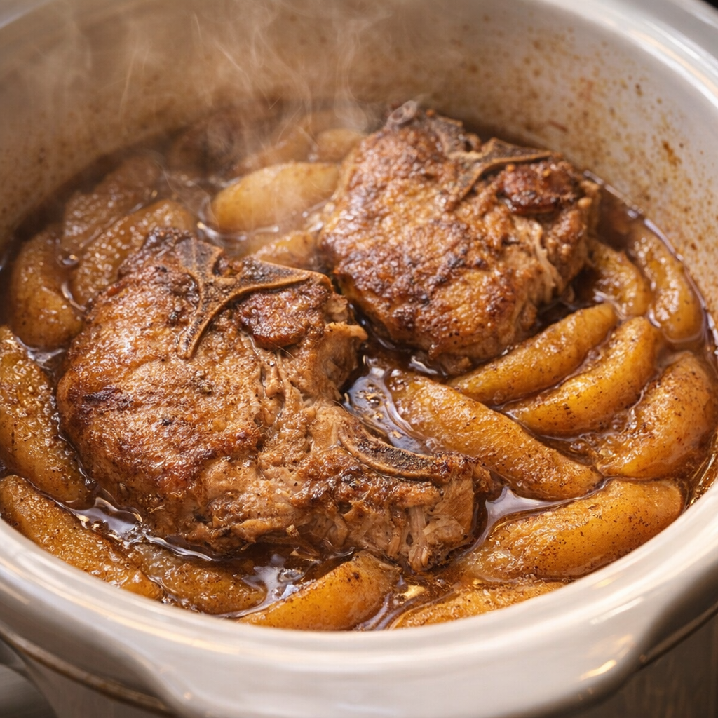 Tender pork chops and apples cooking in the slow cooker