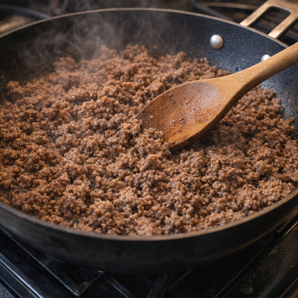 Ground beef browning in a skillet
