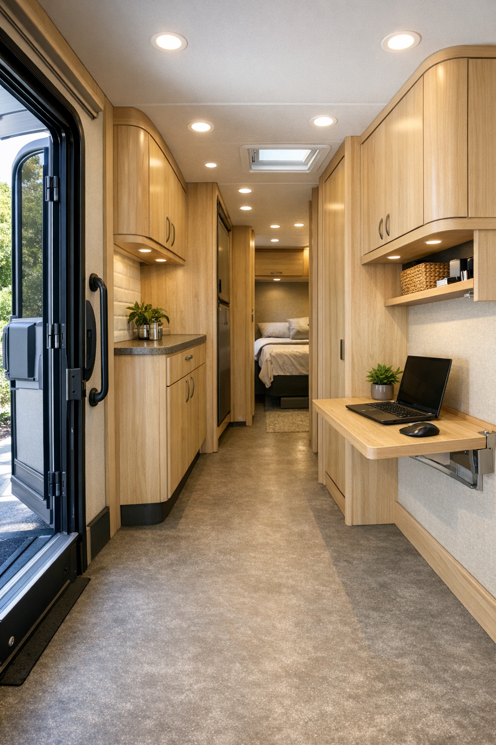 Accessible RV entry and hallway with built-in storage, clean millwork, and durable flooring