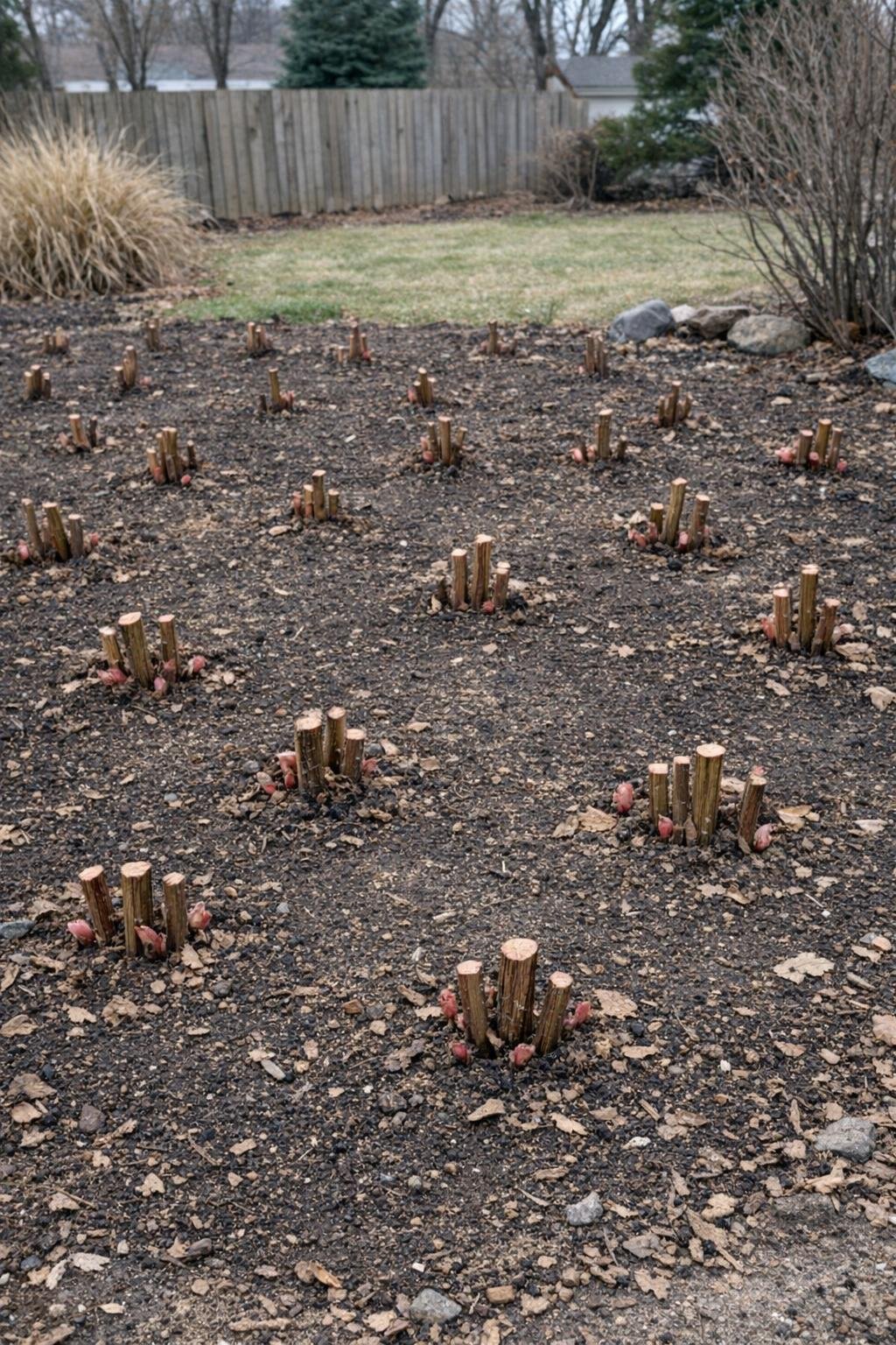 Peony clump cut down low with cleaned winter bed