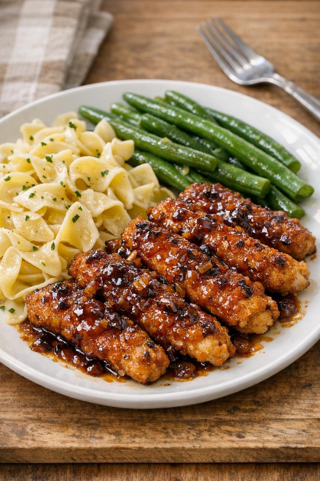 Finished glazed chicken strips plated with homey supper sides