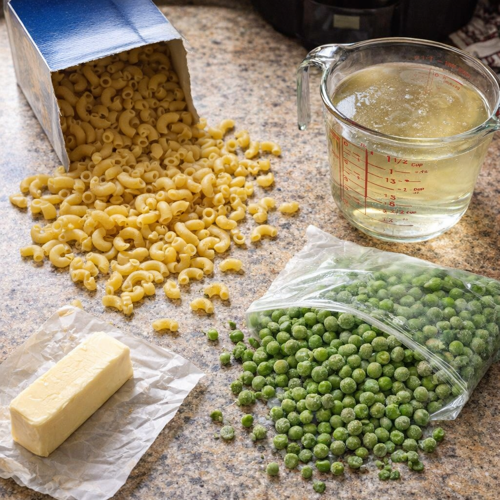 Ingredients for sweet pea macaroni arranged on a kitchen counter