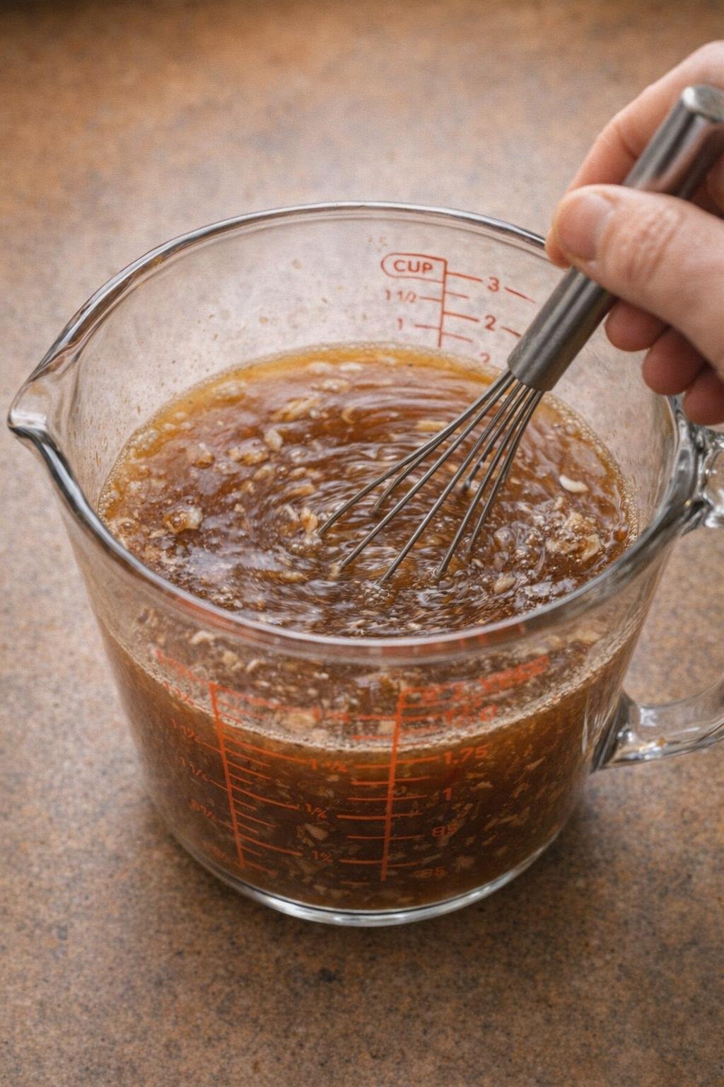 Broth and onion soup mix being whisked together