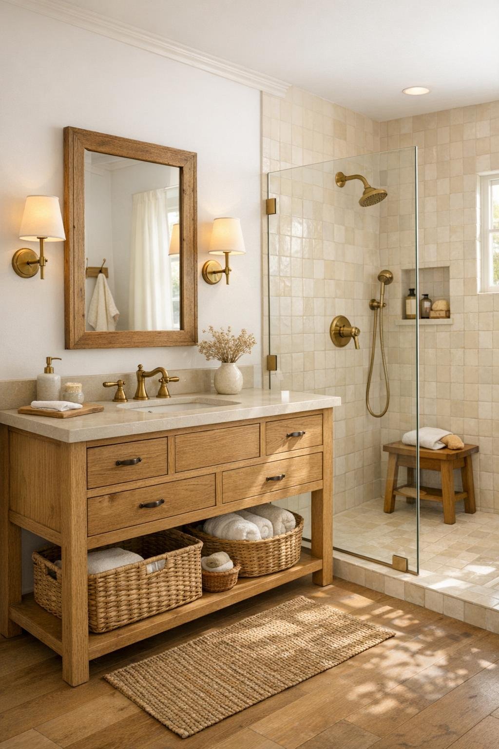 Warm farmhouse bathroom with an oak vanity, brass fixtures, and a tiled walk-in shower