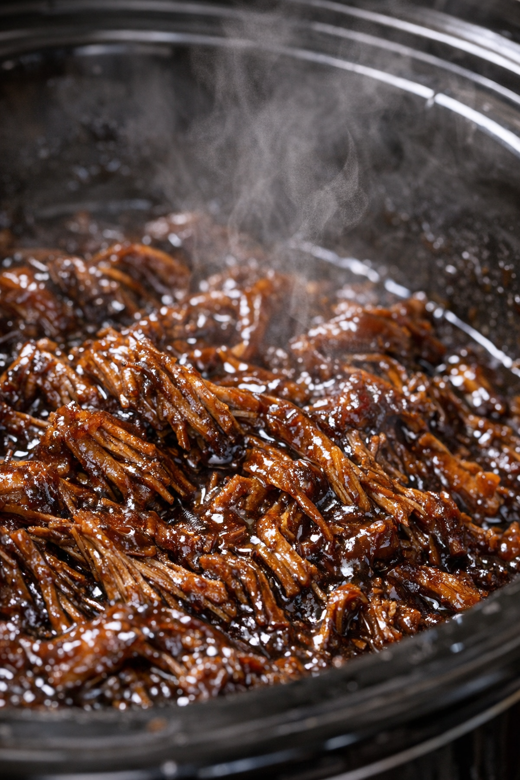 Succulent fibrous protein ribbons glazed in dark sauce inside a slow cooker