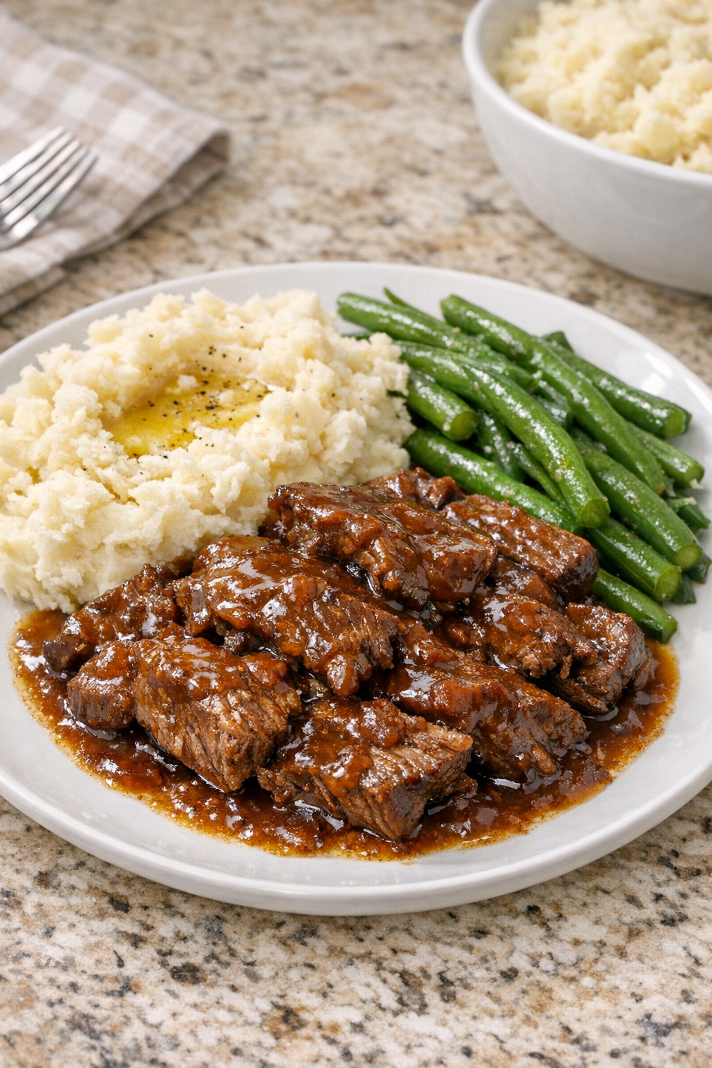Finished apple butter beef plated with mashed potatoes