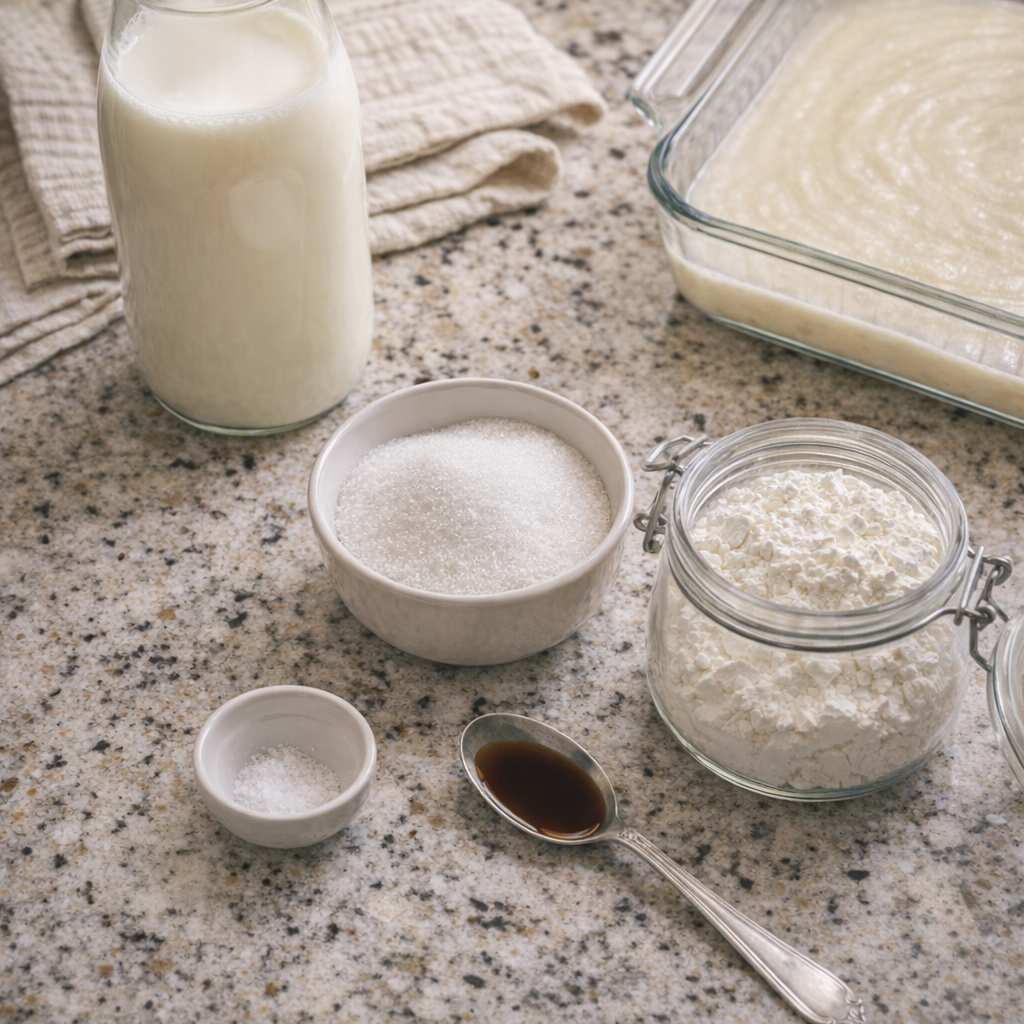 Pantry ingredients for cornstarch pudding arranged on a kitchen counter