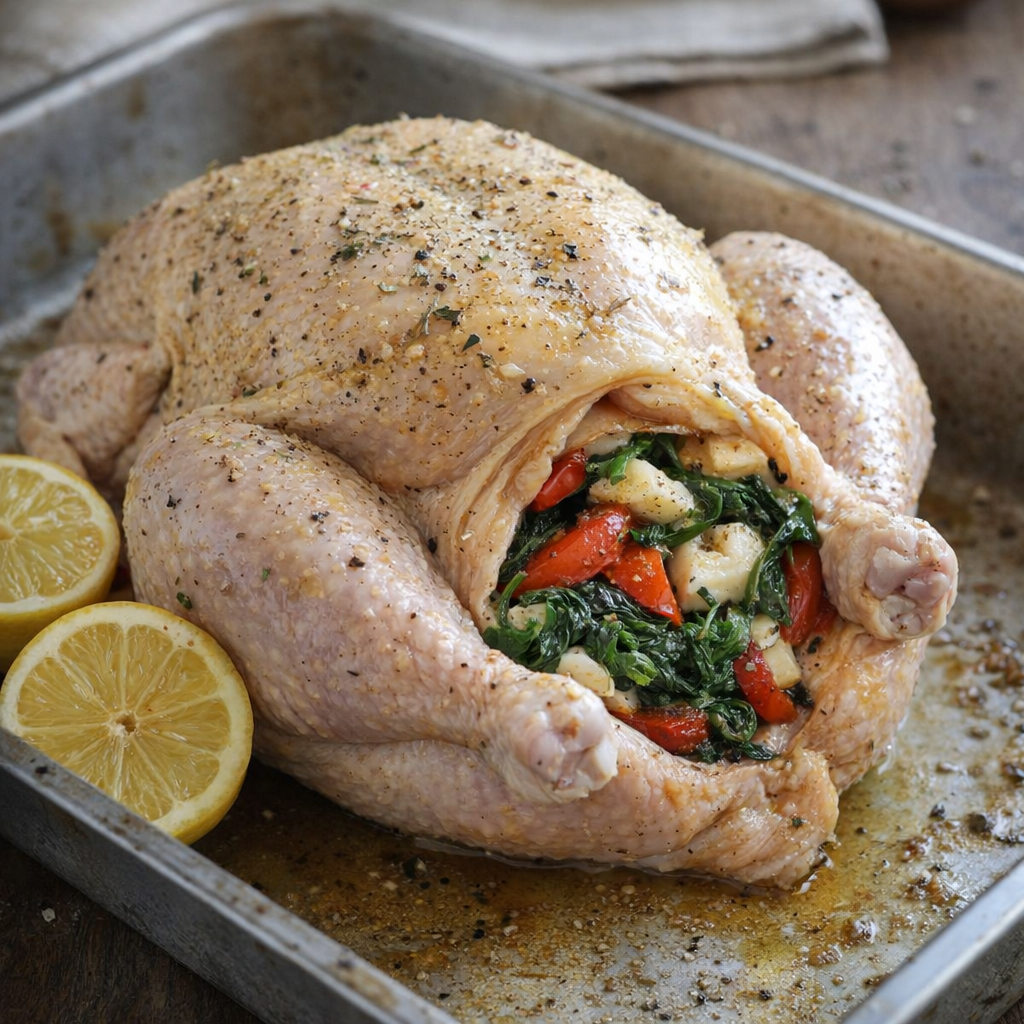 Prepared stuffed chicken in a roasting pan before baking
