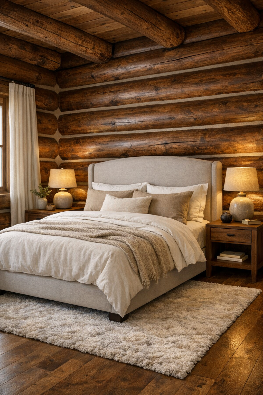 Cozy bedroom with black walnut log walls, layered neutral bedding, and soft lighting
