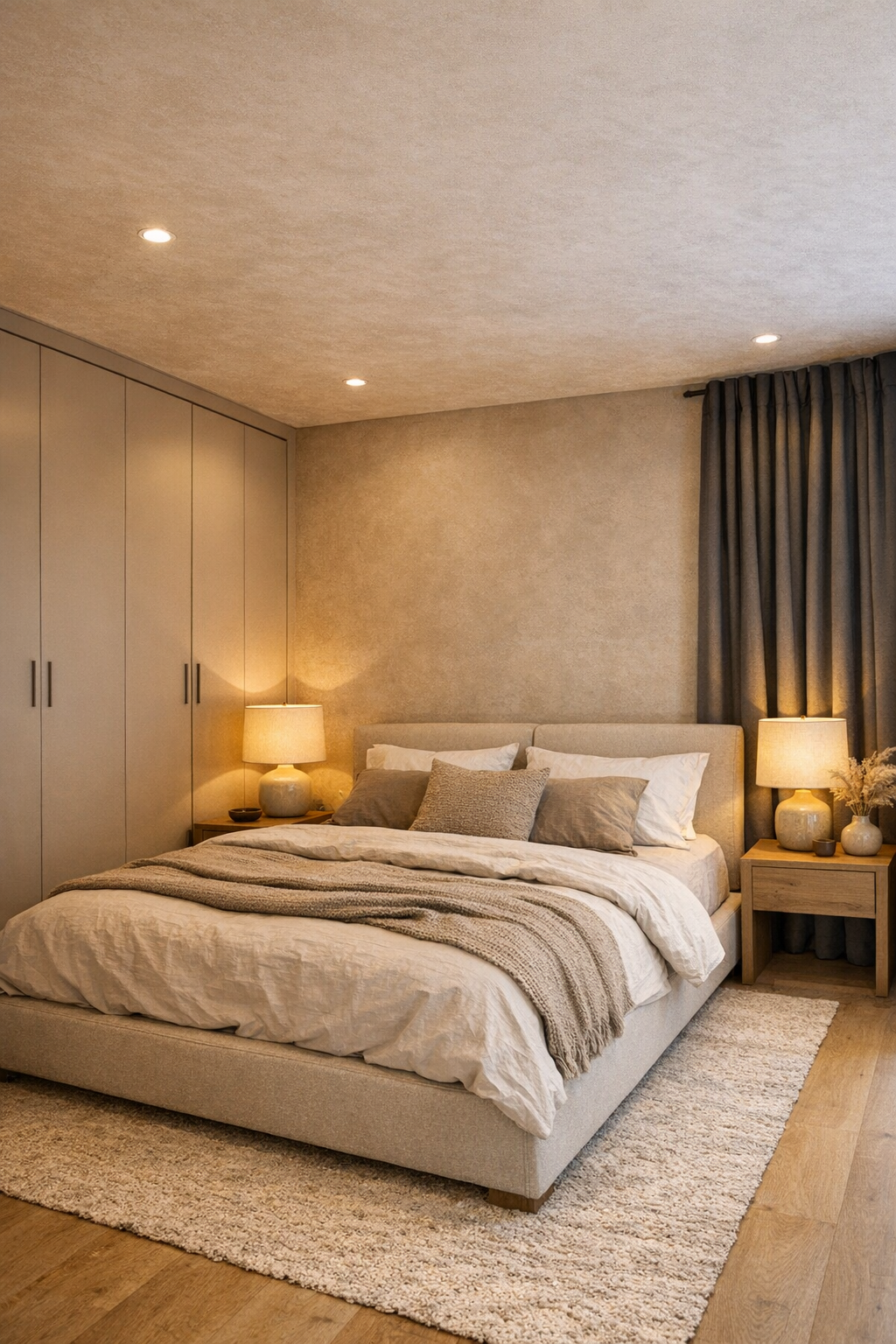 Calm neutral bedroom with upholstered bed and warm textured layers
