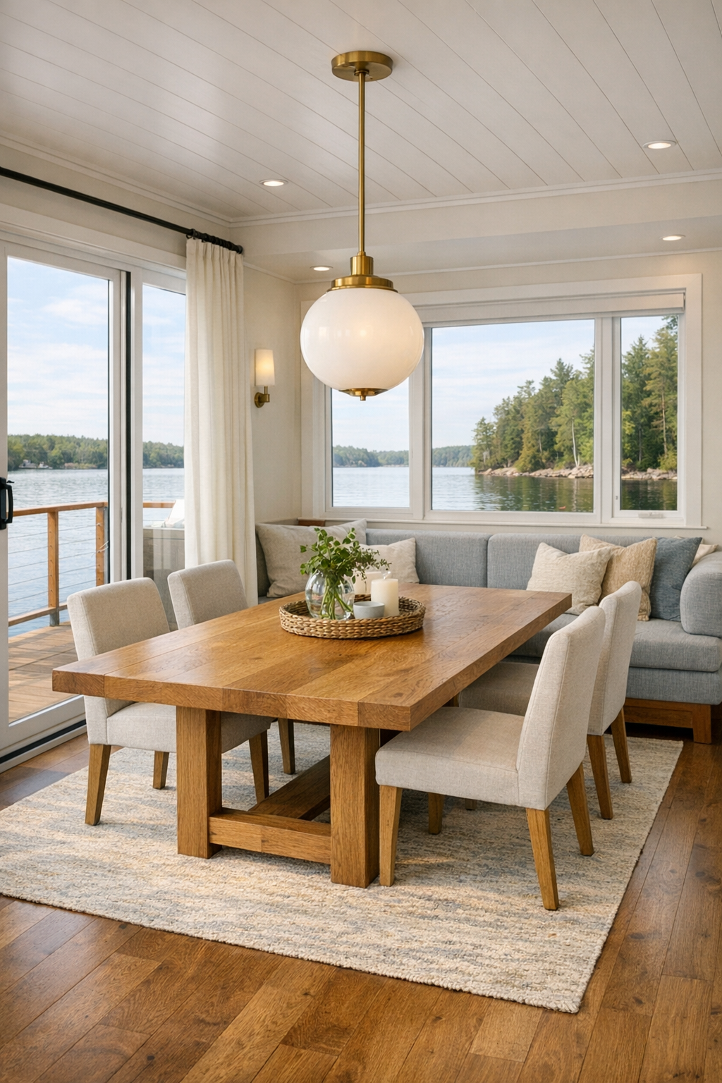 Accessible dining room with oak table, banquette seating, and lake views