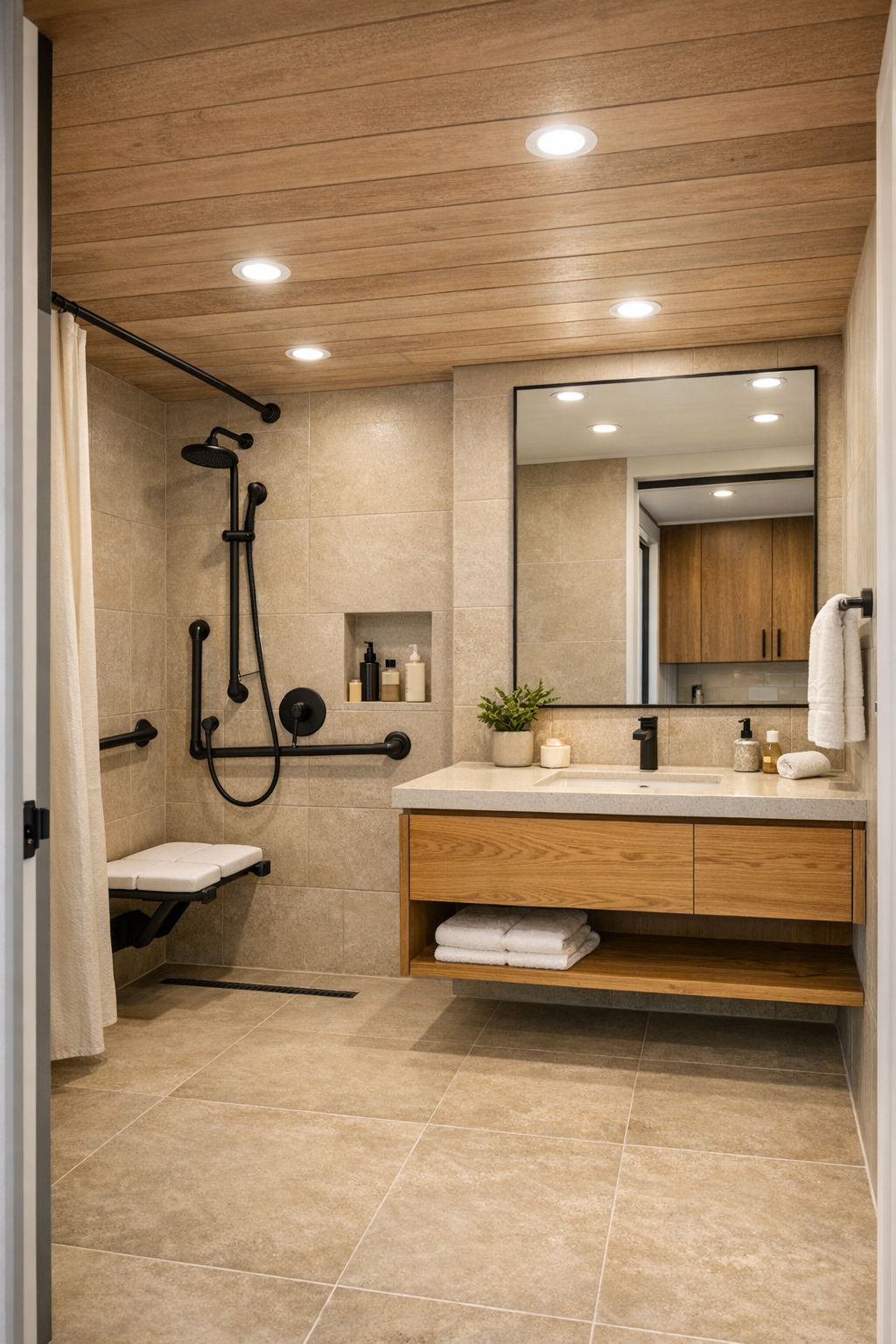 Accessible bathroom with curbless shower, sandy tile, and floating oak vanity