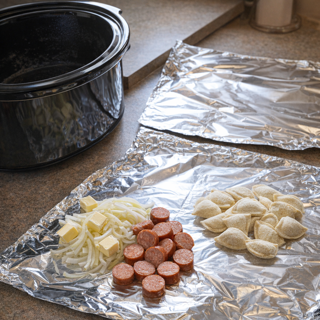Foil sheets and slow cooker prepared for assembling dinner