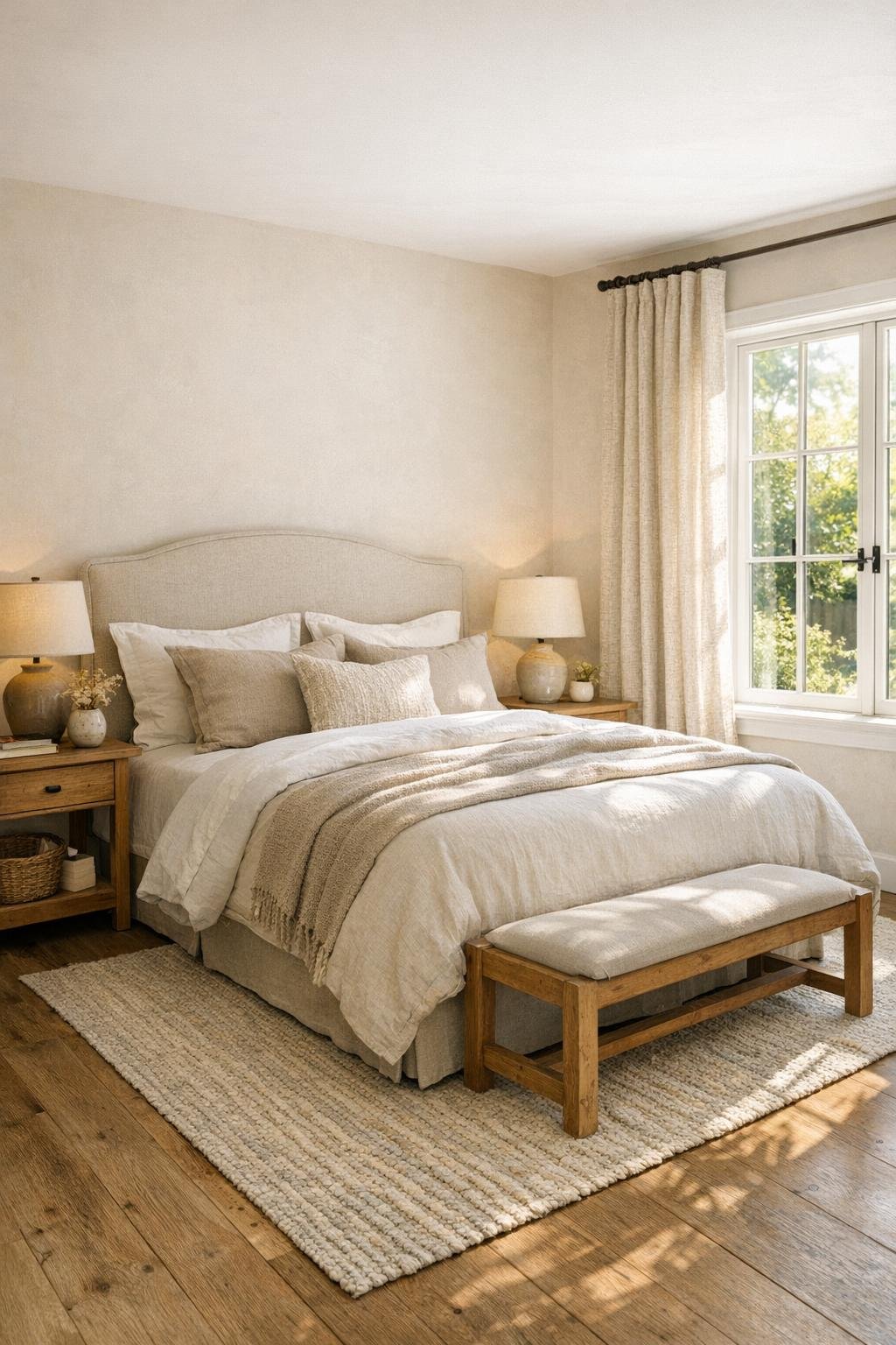Serene cottage bedroom with layered neutral bedding, oak tables, and soft drapery