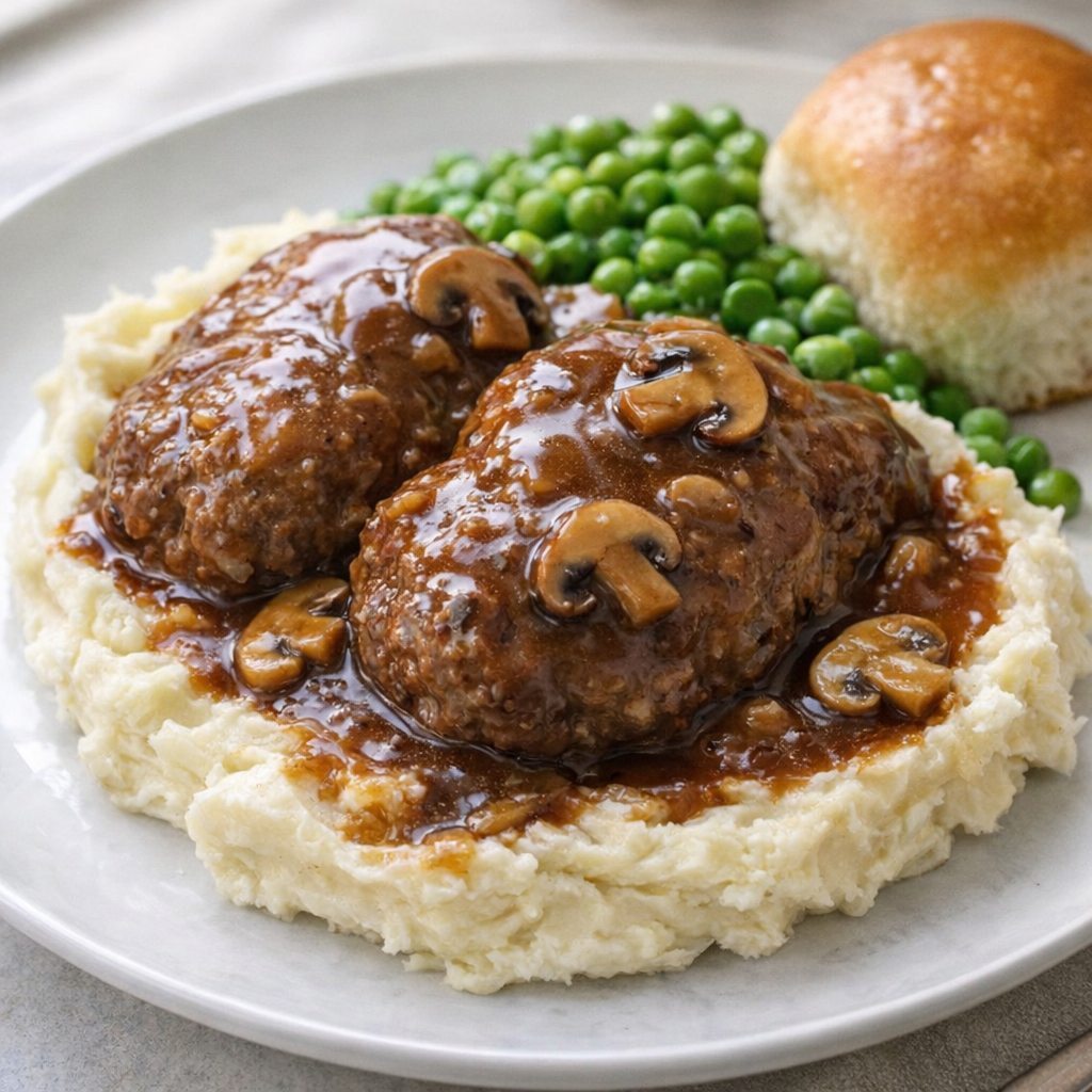 Salisbury steak patties with gravy served over mashed potatoes