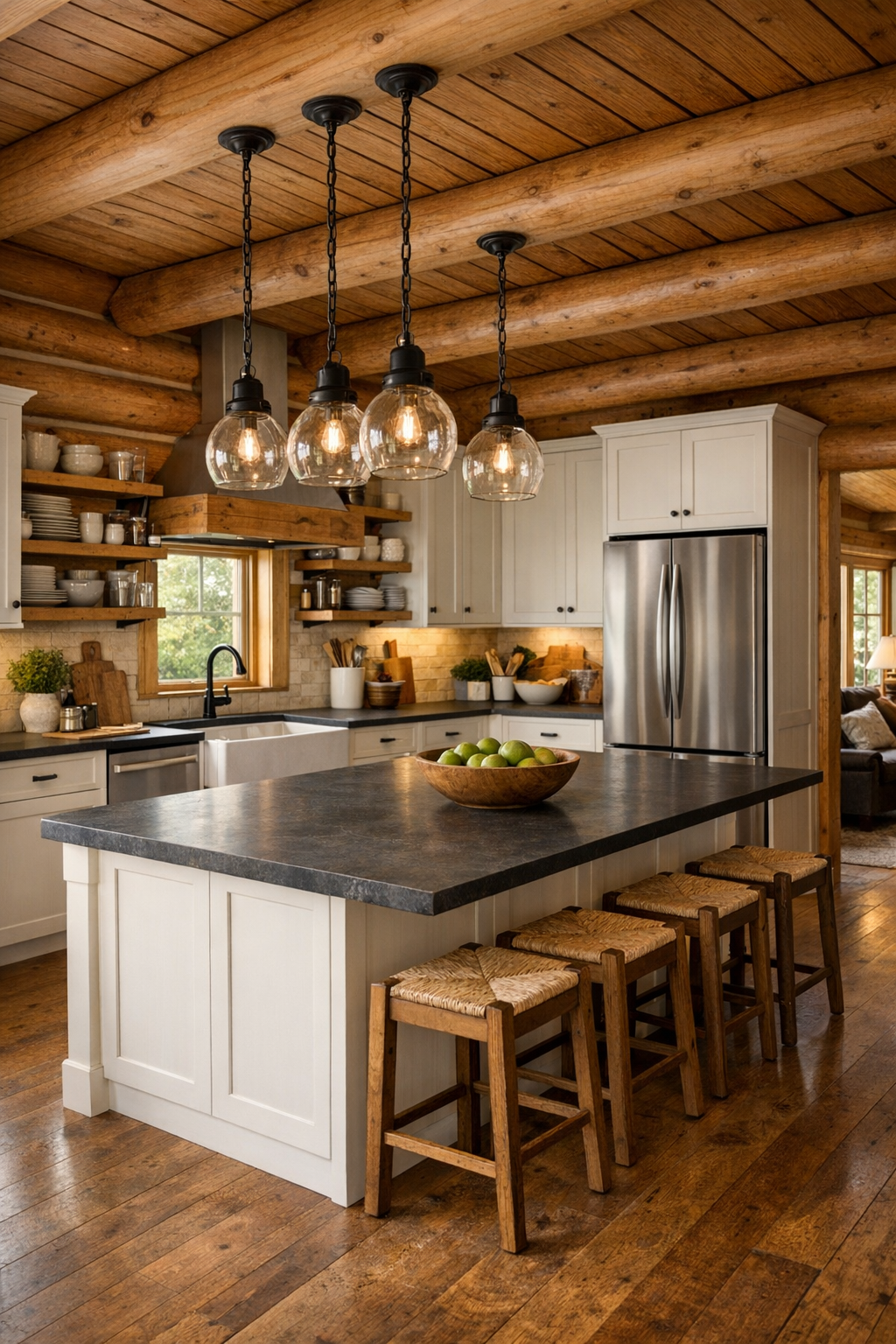 Bright rustic kitchen with painted cabinets, large island, and cedar accents