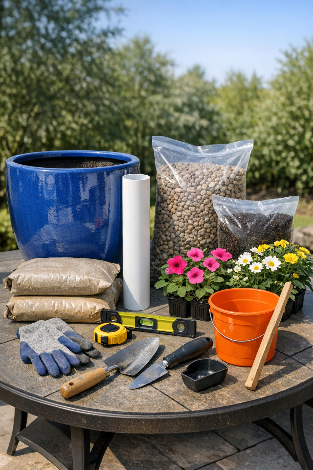 Materials for a ceramic pot umbrella stand planter laid out together