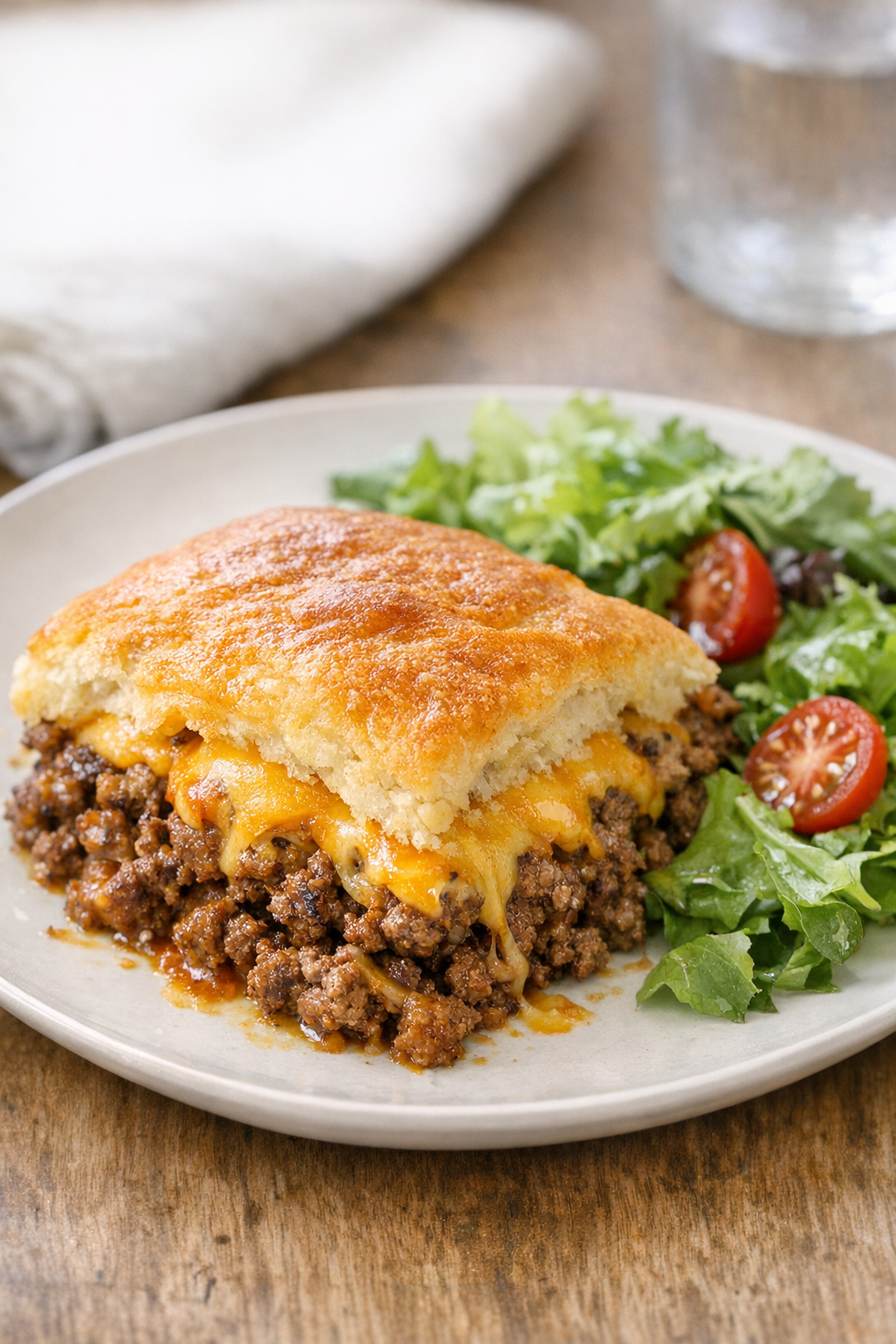 Finished beef crescent casserole plated with simple sides