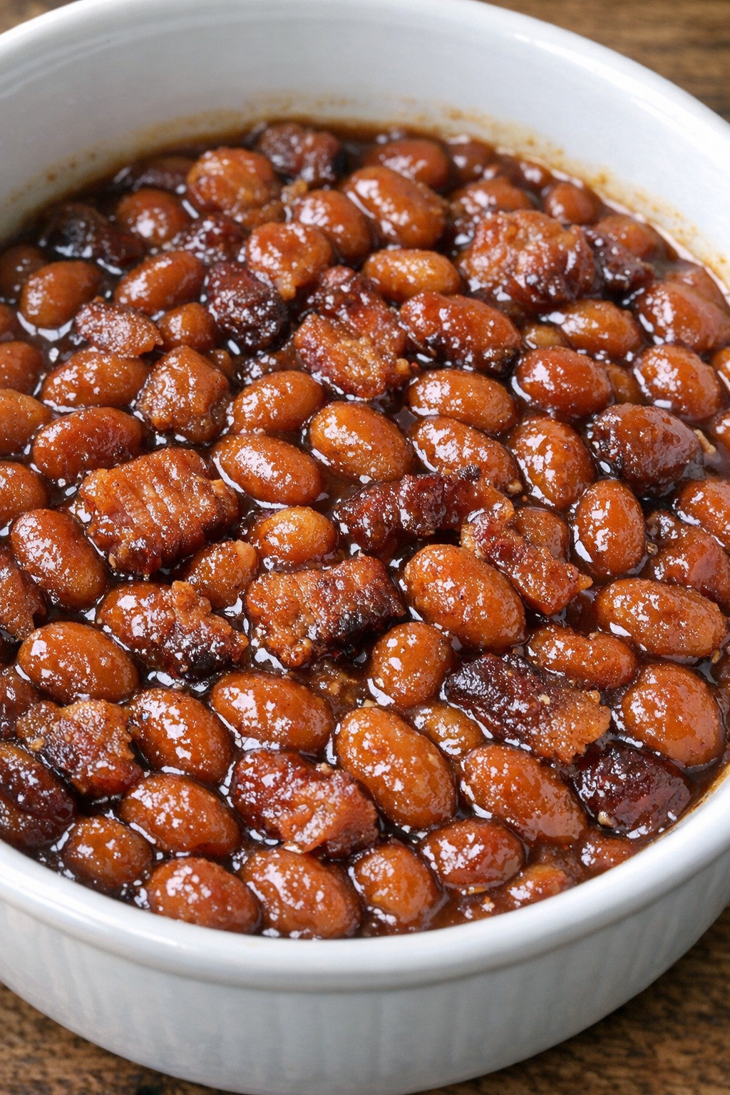 Close-up of 4-ingredient baked beans in a white ceramic serving bowl