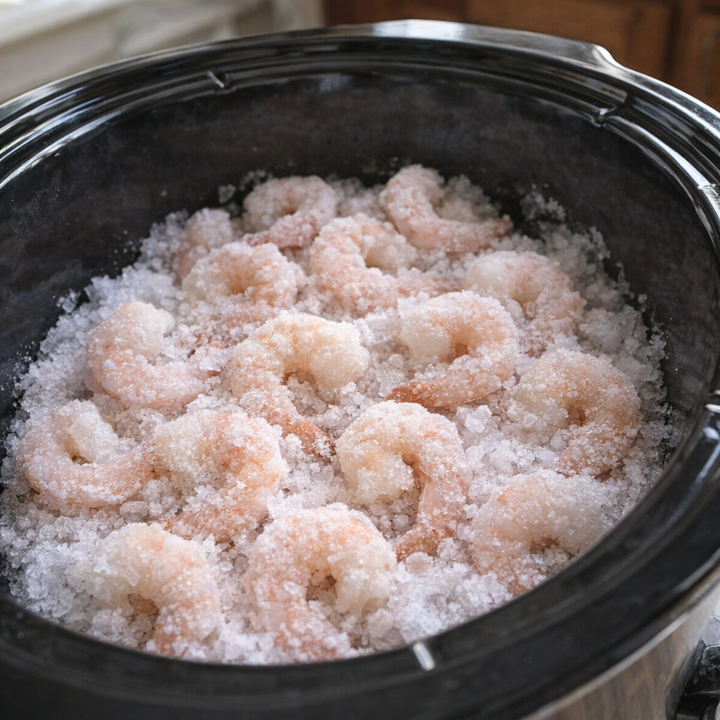 Icy shrimp layered in a slow cooker insert