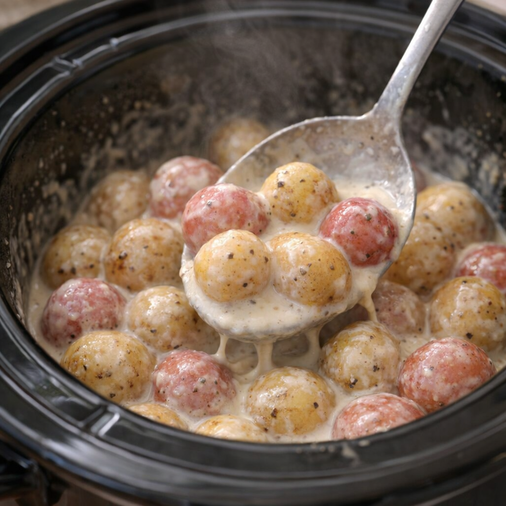 Tender potatoes being stirred in creamy sauce