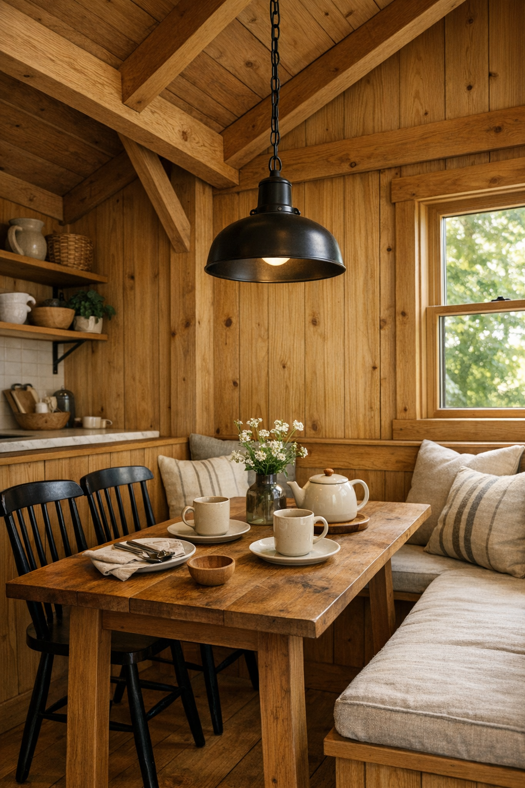 Compact dining area with solid wood table, bench seating, and black pendant lighting