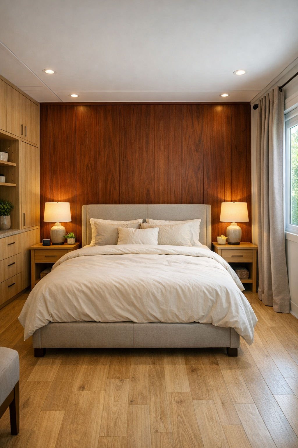 Calm bedroom with mahogany feature wall, soft bedding, and built-in storage