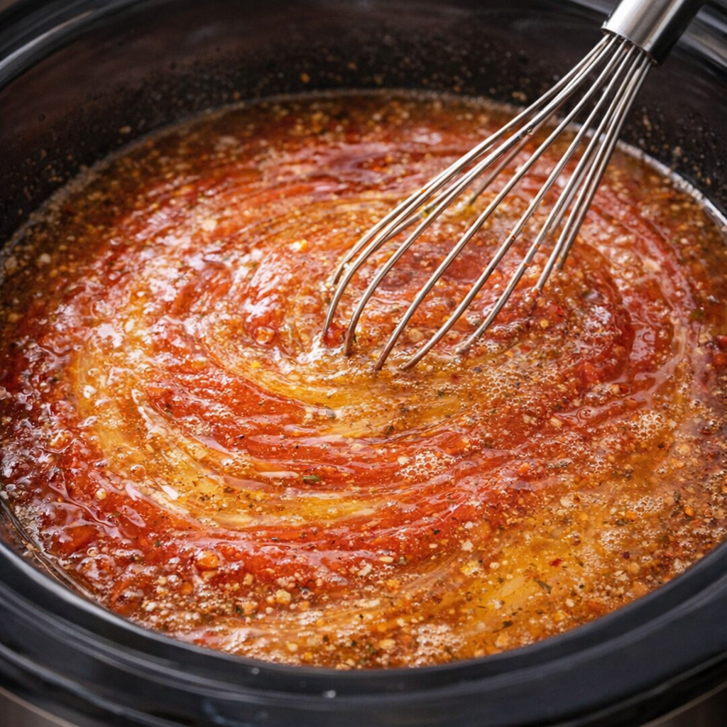 Sauce being whisked together in a slow cooker insert